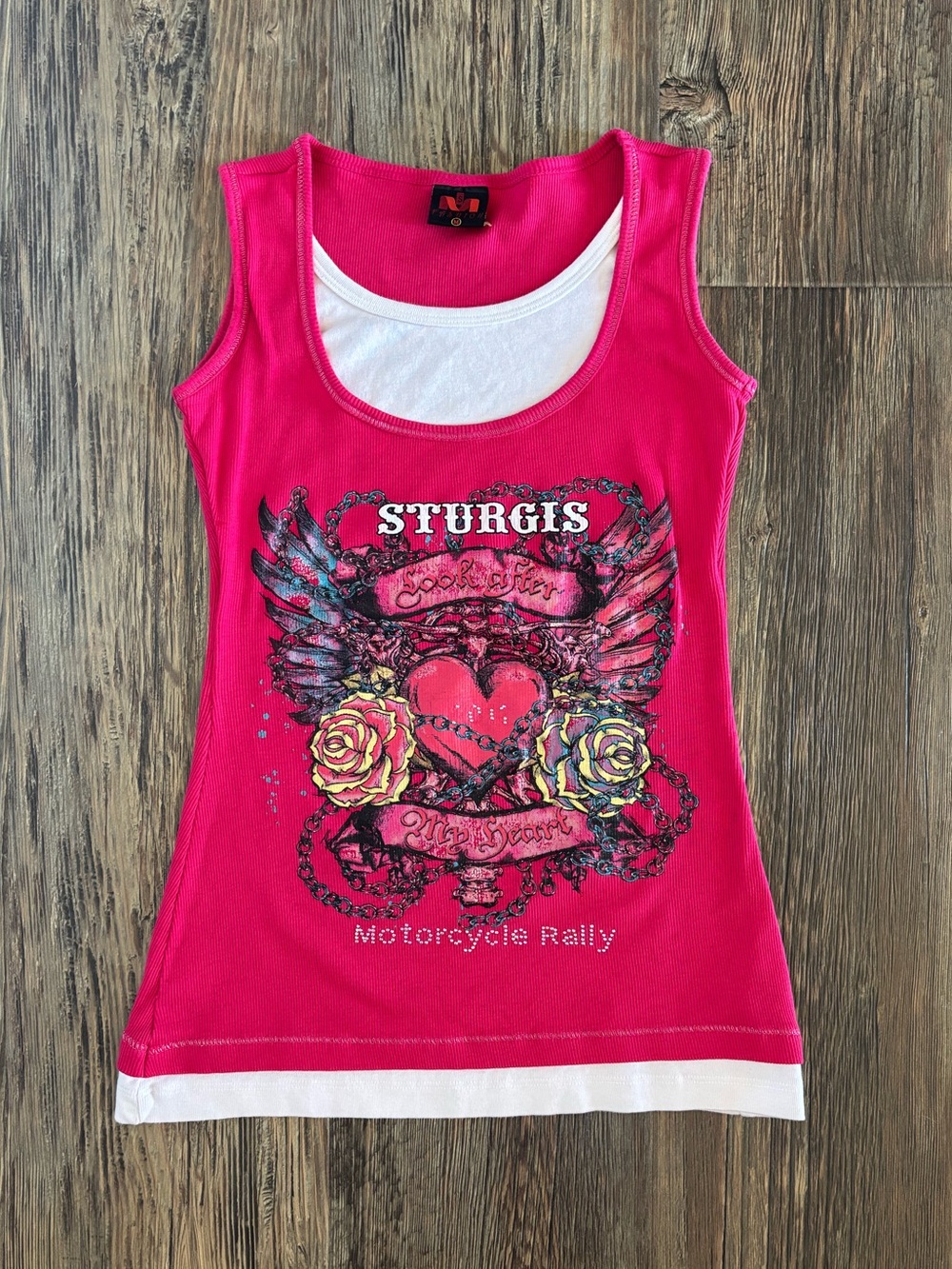 Y2K Sturgis Motorcycle Rally Ribbed Tank Top Womens M Pink “Look After My Heart”